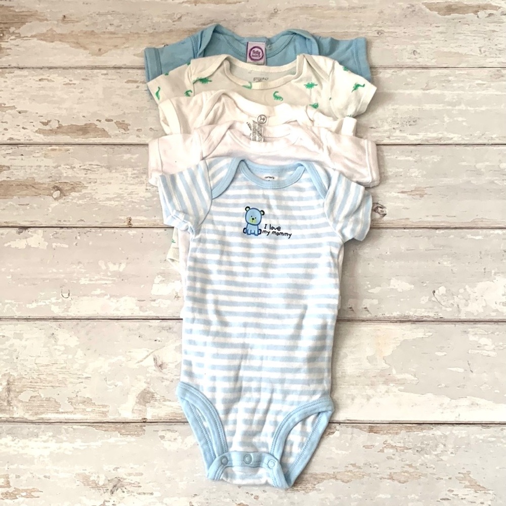 Baby Boy 6m Short Sleeve Onesie Bundle Set of 5 Blue White Assorted Brands